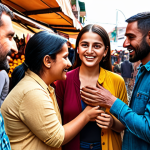 ** A colorful and diverse group of people connecting and expressing emotions like love, empathy, and understanding through both verbal and non-verbal communication in a vibrant, bustling outdoor market setting.

**