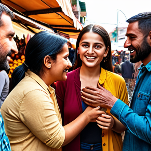 Home 14 ** A colorful and diverse group of people connecting and expressing emotions like love, empathy, and understanding through both verbal and non-verbal communication in a vibrant, bustling outdoor market setting.
**