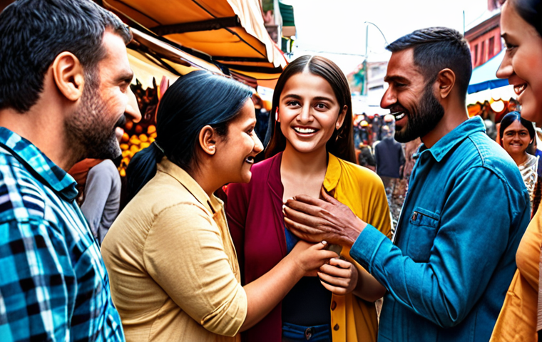 ** A colorful and diverse group of people connecting and expressing emotions like love, empathy, and understanding through both verbal and non-verbal communication in a vibrant, bustling outdoor market setting.

**